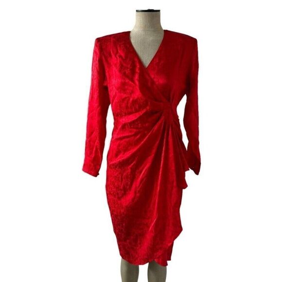 Kenar Dresses & Skirts - Vintage Kenar Womens Red 100% Silk Floral Wrap Romantic V Neck Dress Sz 8